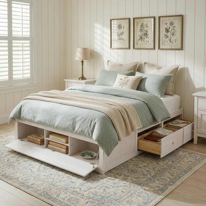 Queen Platform Bed Frame with Underbed Storage by Harper&Bright Designs - White