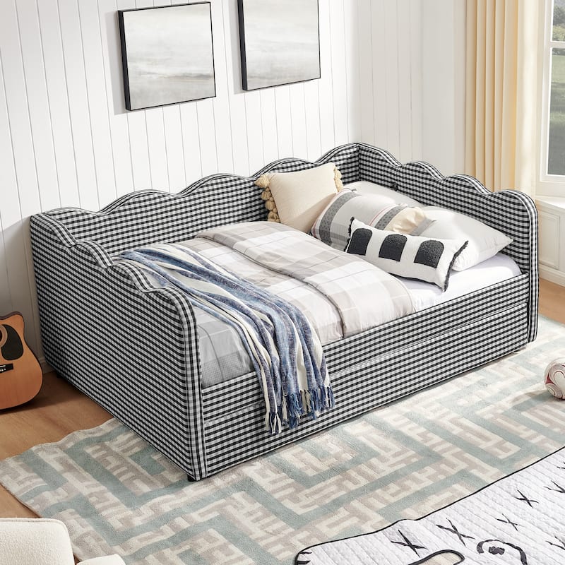 Full Size Gingham Daybed with Twin Trundle, USB Port, Wave Shaped Design & Linen Fabric - No Box Spring Needed