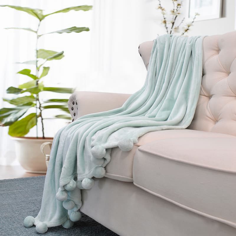 Pompom Flannel Fleece Throw