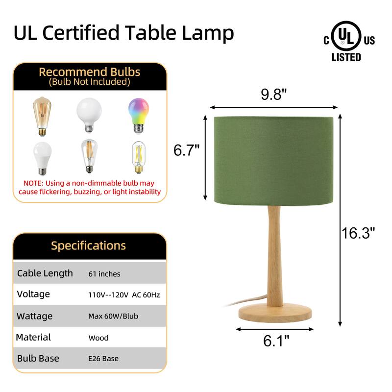 16.3" Modern Table Lamp with Natural Wood Base, Linen Fabric Drum Shade for Bedroom, Living Room, Nightstand