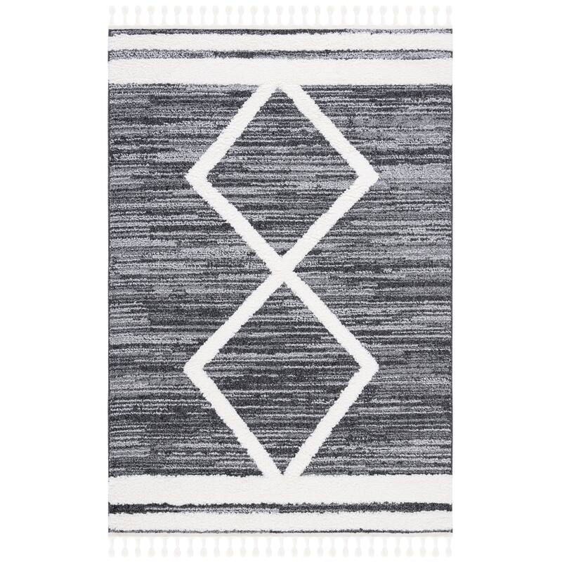 SAFAVIEH Moroccan Tassel Shag Lempi 2-inch Thick Rug - 6'7" Square - Black/Ivory