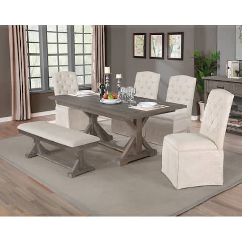 Best Quality Furniture Rustic Grey Dining Set, Skirted Chairs & Bench