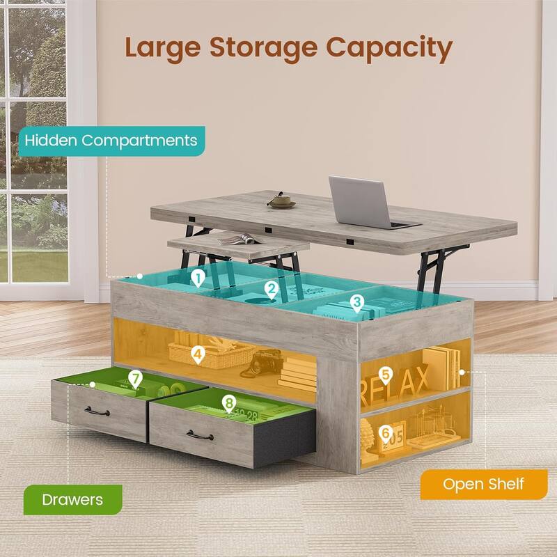 Lift Top Coffee Table Open Storage Shelf & Hidden Classified Storage