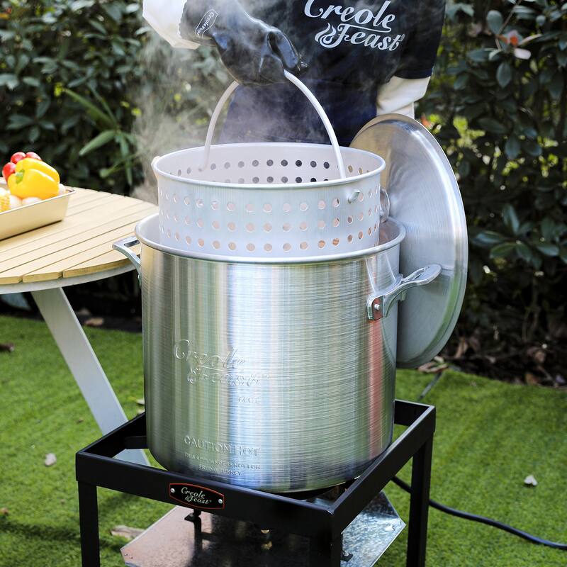 Creole Feast SBK0601,60 QT Seafood Boiling Kit with Strainer, Aluminum Gas Boiler with 10 PSI Regulator,Black&Sliver