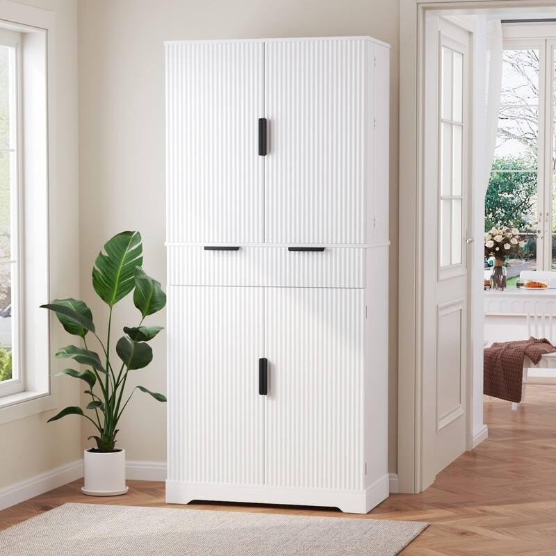 72" Fluted Kitchen Pantry Cabinet, Freestanding Cupboard Storage Cabinet with Drawers and Adjustable Shelves - White