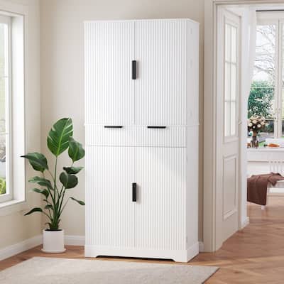 72" Fluted Kitchen Pantry Cabinet, Freestanding Cupboard Storage Cabinet with Drawers and Adjustable Shelves