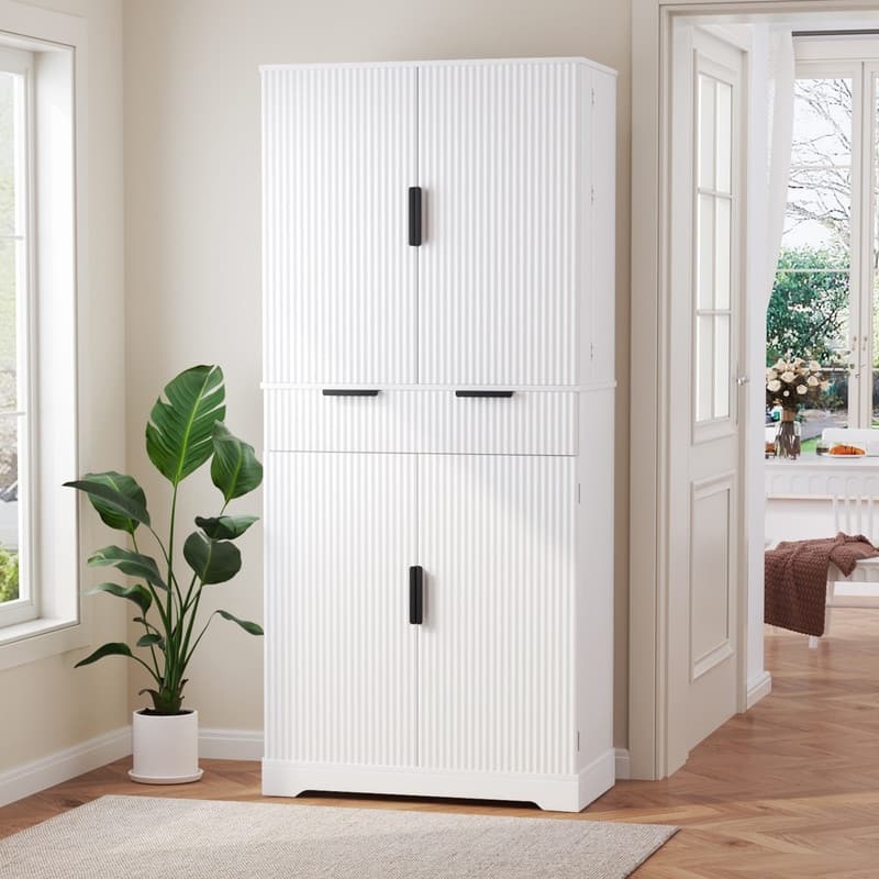 72" Fluted Kitchen Pantry Cabinet, Freestanding Cupboard Storage Cabinet with Drawers and Adjustable Shelves