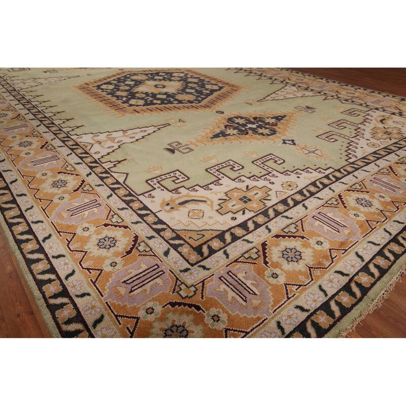 Light Green Geometric Viss Large Indian Rug Hand-Knotted Wool Carpet - 11'10"x 17'11"