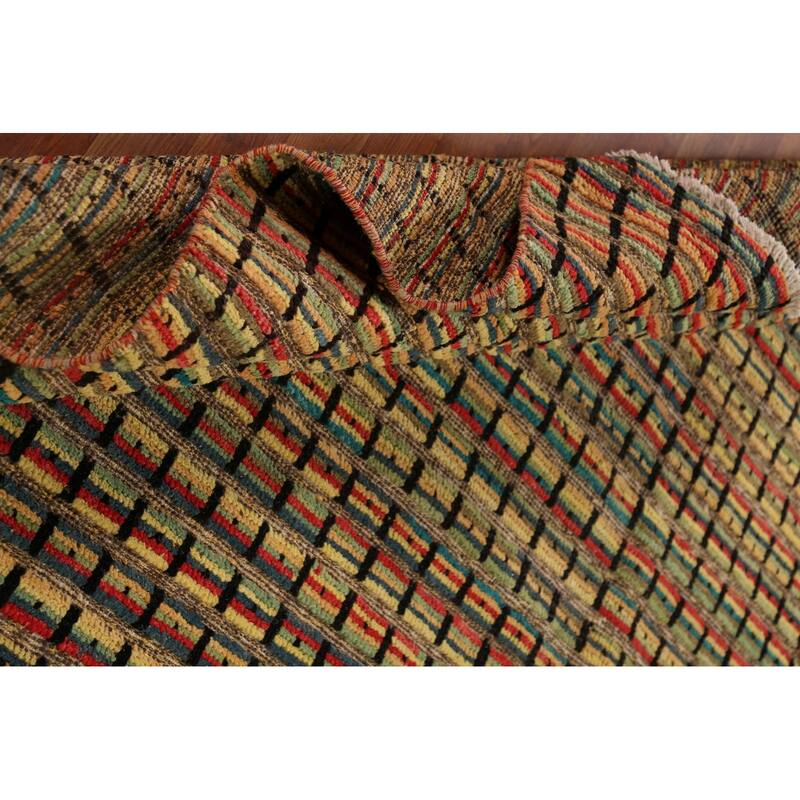 Striped Multicolor Moroccan Oriental Area Rug Hand-Knotted Wool Carpet - 9'1"x 12'6"