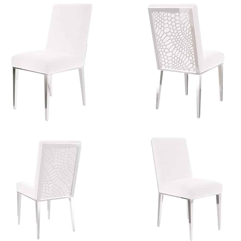 White Upholstered Sherpa Dining Chair Boucle Accent Chairs with Mirrored Silver Legs - Set of 4