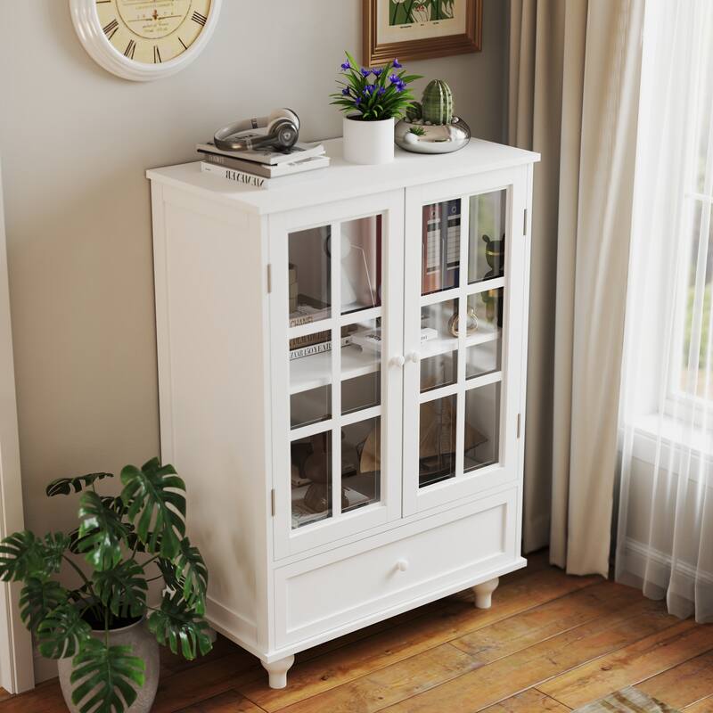 Buffet Cabinet with Double Glass Doors, Sideboard Cabinet with Drawer, Wooden Storage Cabinet with Adjustable Shelf