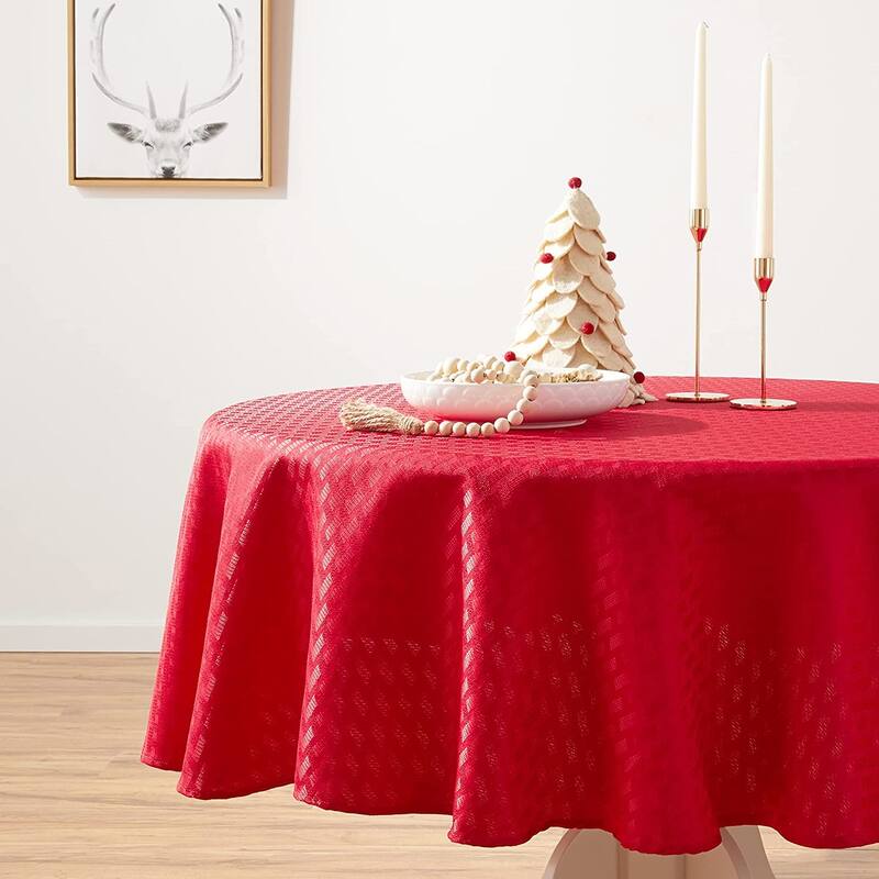 Violet Linen Christmas Novelties Ribbed Striped Pattern Tablecloth - 70" Round - Red