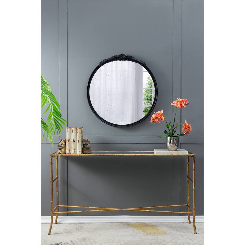 30"x30" Round Hand Carved Rose Antique Mirror Frame, Wall Mirror for Live space, Bathroom, Entryway Wall Decor