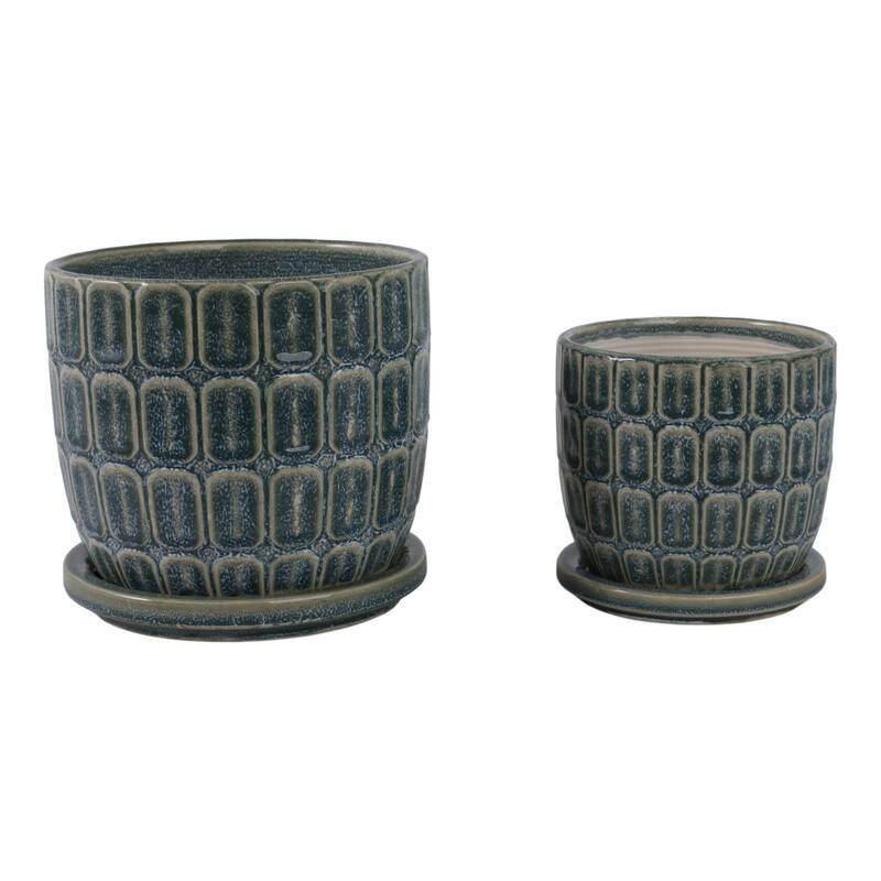 Stoneware Saucer Planters with Embossed Geometric Texture (Set of 2)