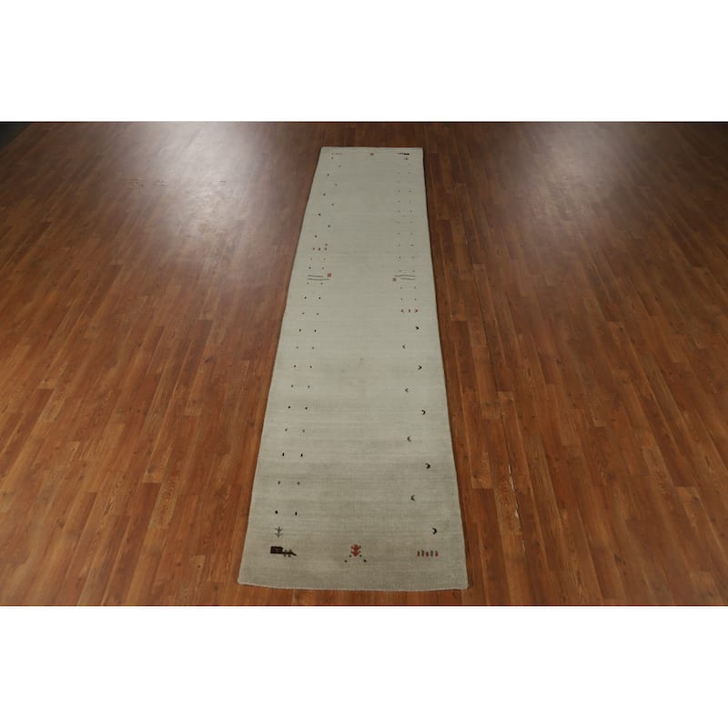 Tribal Gabbeh Indian Runner Rug Hand-Knotted Beige Wool Carpet - 2'8" x 11'5"