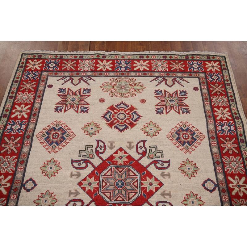 Beige / Ivory Geometric Kazak Rug Hand-Knotted Wool Carpet - 5'2" x 6'9"