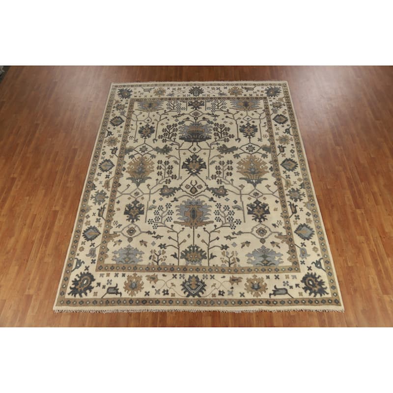 Earth Tone Oushak Area Rug Hand-Knotted Beige Floral Wool Carpet - 9'1" x 11'8"