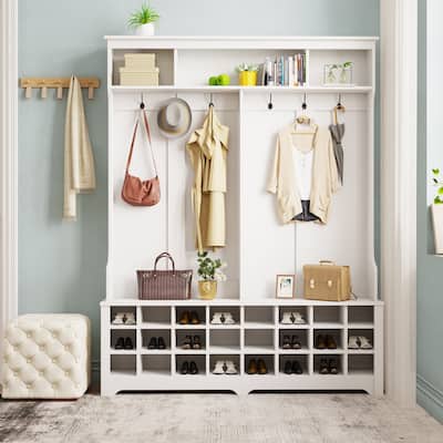 60" Wide Hall Tree with Ample Storage Space and 24 Shoe Cubbies