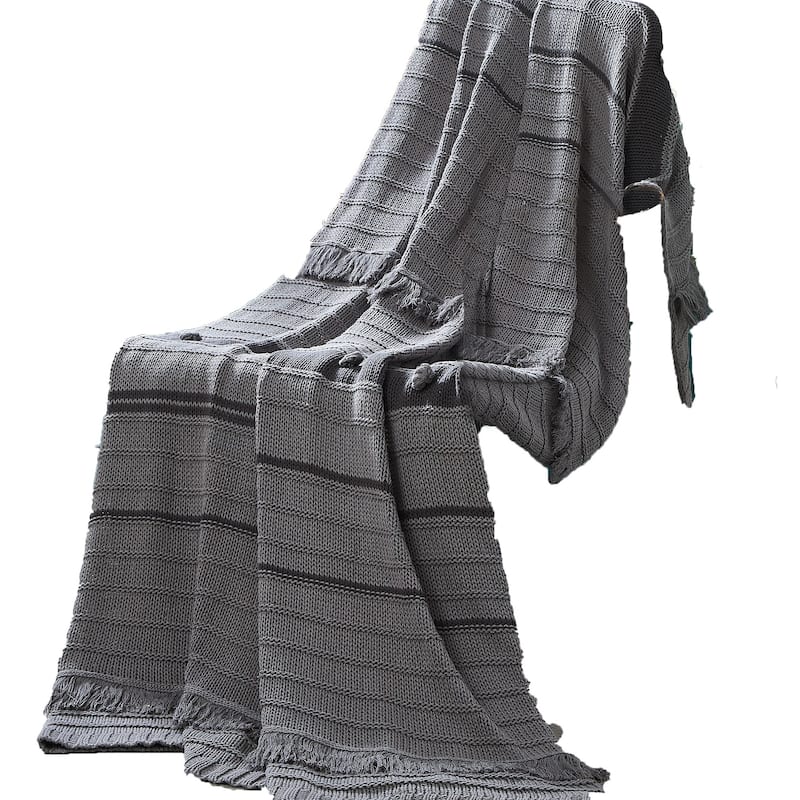 Kai 50 x 70 Throw Blanket with Fringes, Soft Knitted Cotton, Gray - Grey