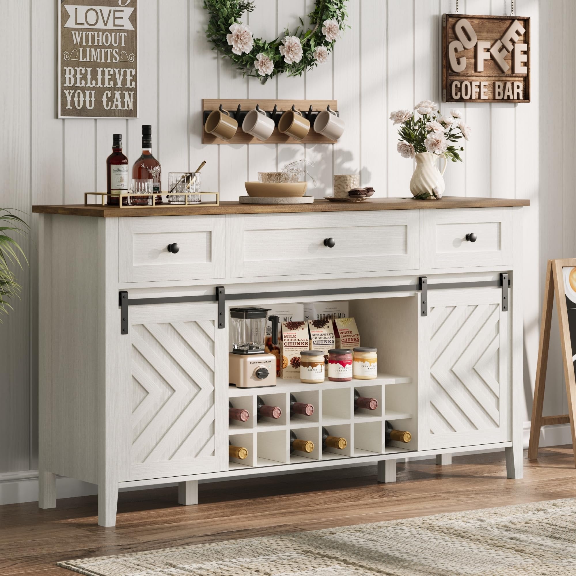 Rustic Farmhouse Sideboard Buffet Cabinet, Features Sliding Barn Door