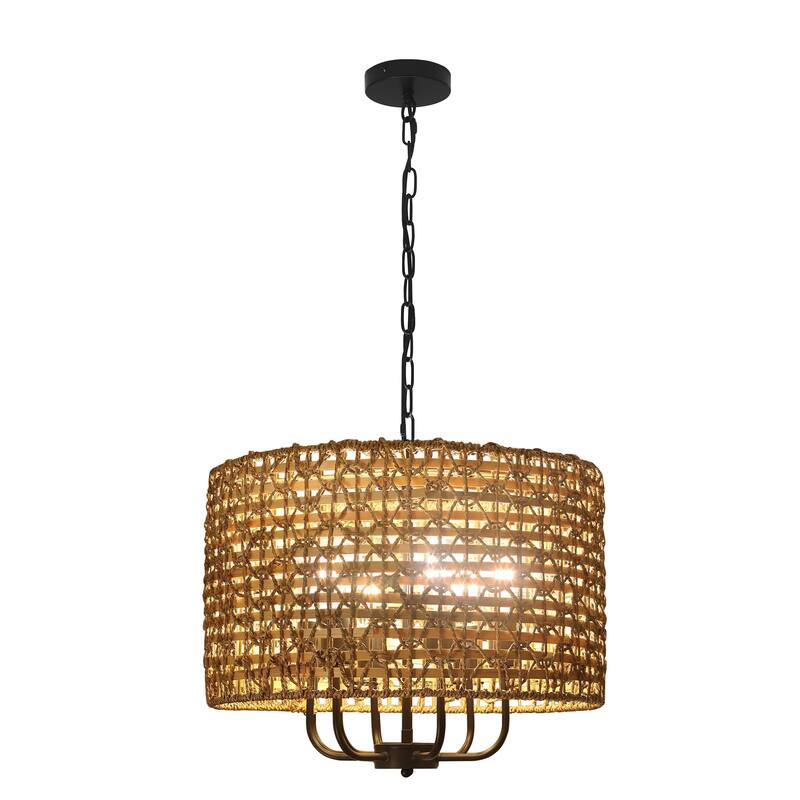 6-Light Boho Handwoven Rattan with Candle Chandelier
