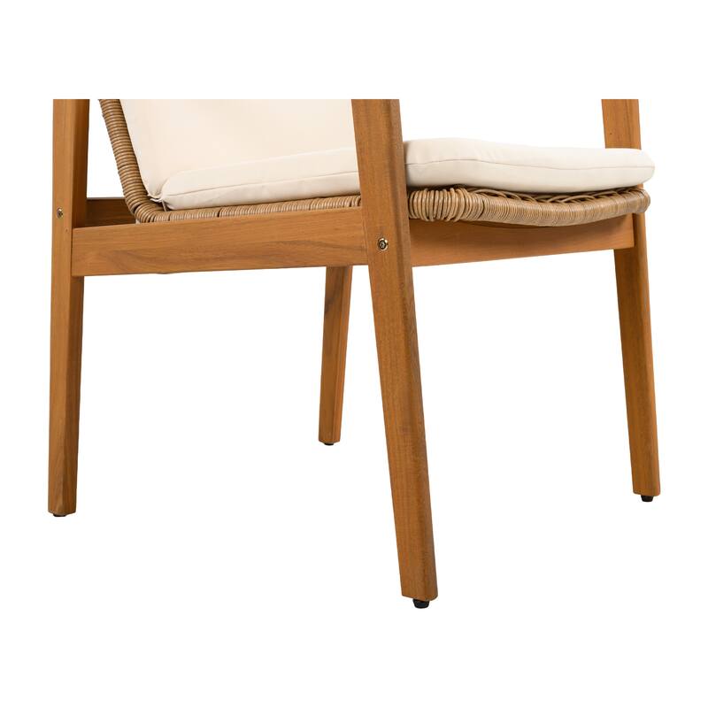 Outdoor 2 Piece Wooden Rattan Dining Chair with Waterproof Cushion for Restaurant Kitchen Terrace Garden Balcony