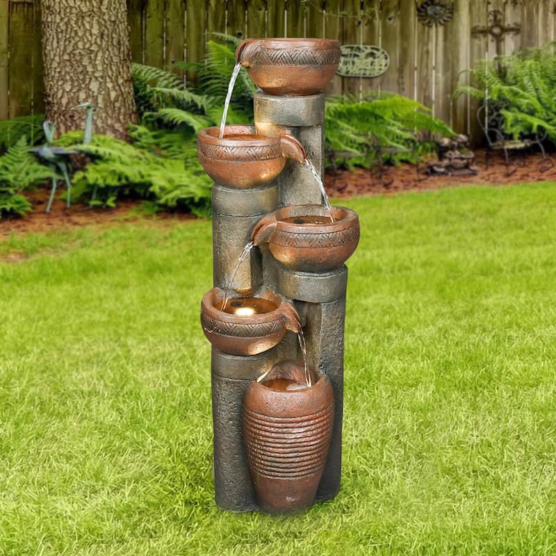 5-Tier Outdoor Water Fountain w/LED Lights Waterfall Feature for Home
