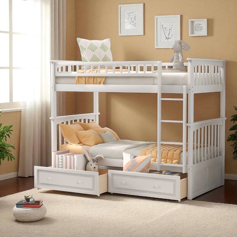 Twin Over Twin Convertible Bunk Bed with Storage Drawers, Fence Guardrail, Solid Wood Frame, No Box Spring Needed - White - Twin