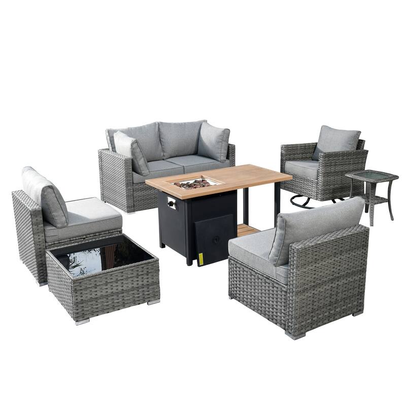 HOOOWOOO 8-piece Grey Wicker Outdoor Patio Furniture Sectional Set with Fire Pit