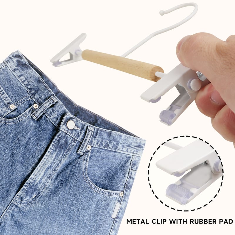 BP4U Premium Metal Pants Hangers with Adjustable Clips, Beech Wood Skirt Bottom Hangers for Trousers, Jeans, Shorts, Socks
