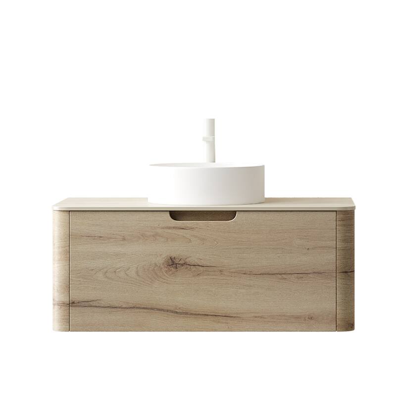 Floating Bathroom Vanity with Round Sink, Wall-Mounted Bathroom Storage Cabinet with Roma Travertine-Pattern Sintered Stone Top