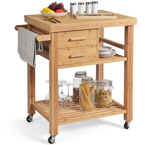 Costway Bamboo Kitchen Trolley Cart Wood Rolling Island w/ Tower Rack