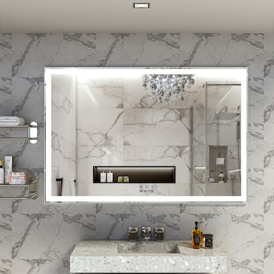 Oversized LED Bathroom Wall Mounted Mirror with Advanced Features and Aluminium Frame - Silver