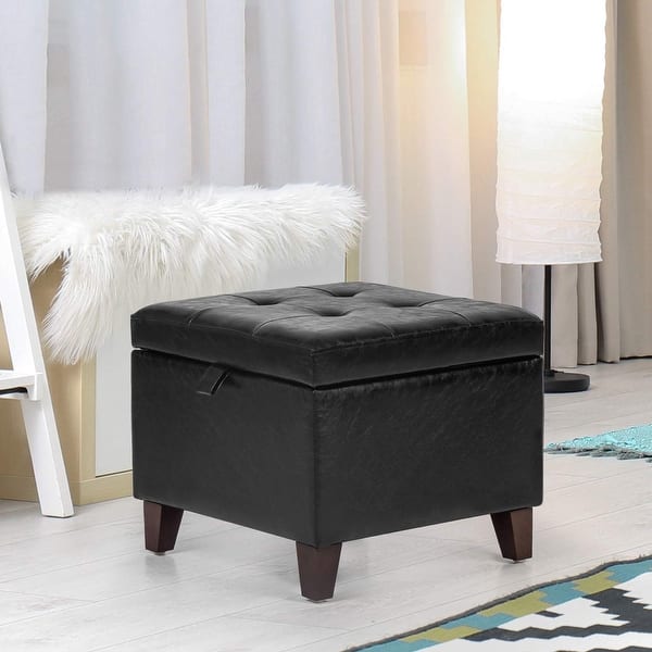 slide 2 of 14, Adeco Faux Leather Tufted Flip Top Storage Ottoman Black