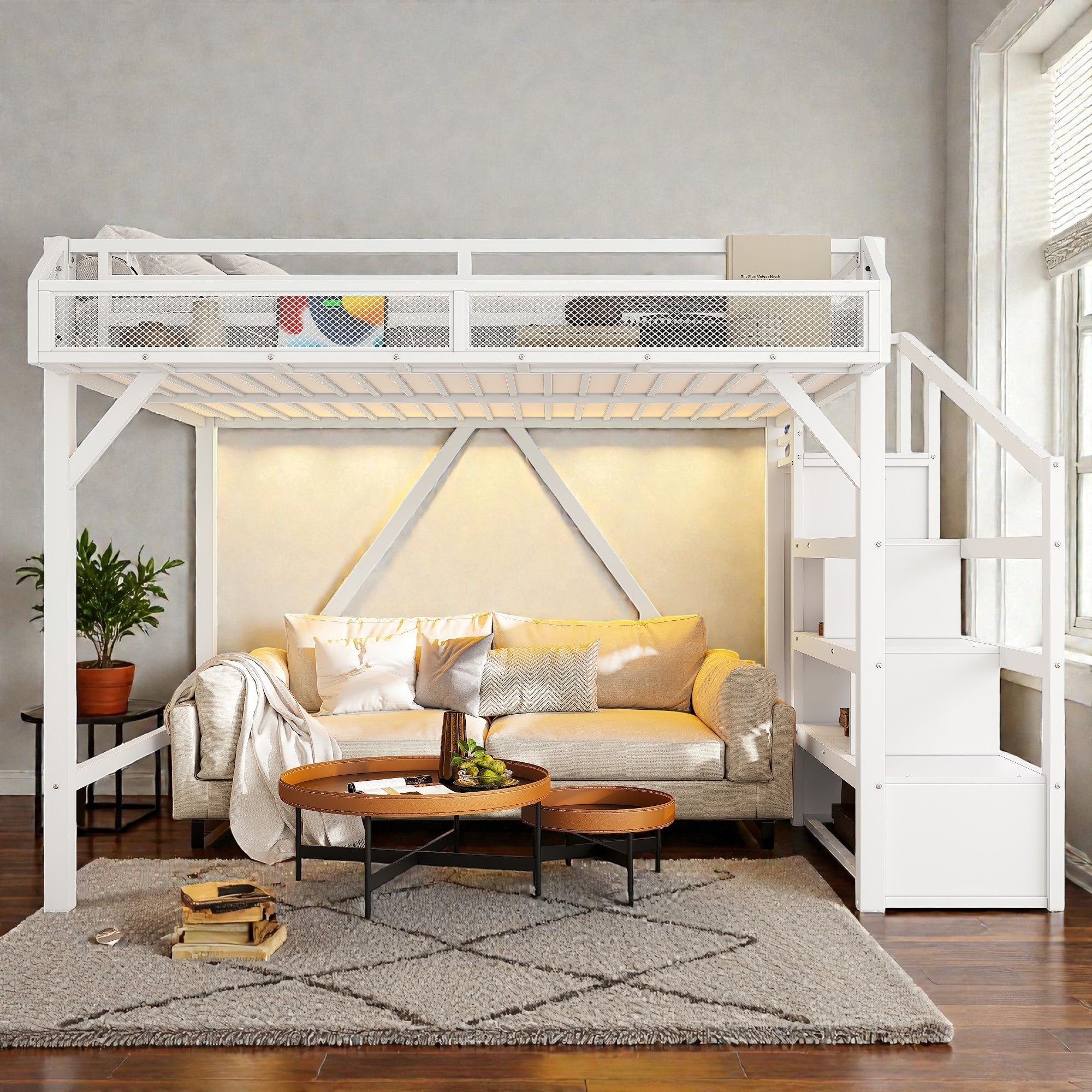 Metal Loft Bed with Storage Stairs, Wardrobe and Shelves, USB Ports and LED Lights, Noise Reduced Frame