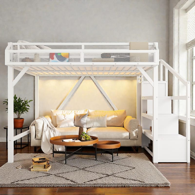 Metal Loft Bed with Storage Stairs, Wardrobe and Shelves, USB Ports and LED Lights, Noise Reduced Frame - White - Full