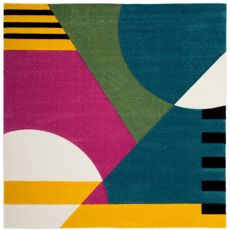 SAFAVIEH Hollywood Adilene Mid-Century Modern Abstract Rug - 6'7" Square - Peacock Blue/Fuchsia - Square