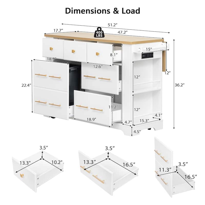 Multi-Functional Kitchen Island: 6-Drawer Storage, Retractable Waste Bin, 5-Shelf Organizer & Power Station on Lockable Wheels.