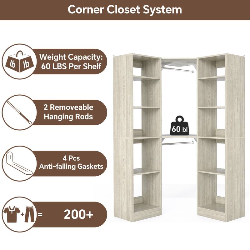 Kyrvo Corner Closet System with 12 Shelves and 2 Hanging Rods, 40"W x 80"H Freestanding Walk-in Closet Organizer System