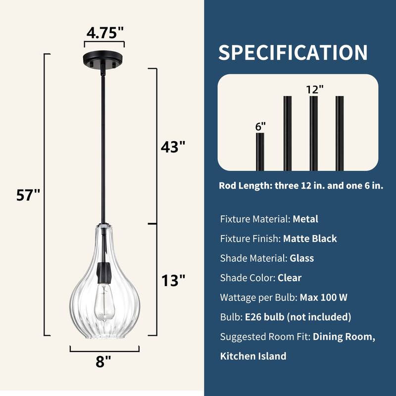 Matte Black/Chrome 1-Light 8 inch Pendant with Clear Glass Shade