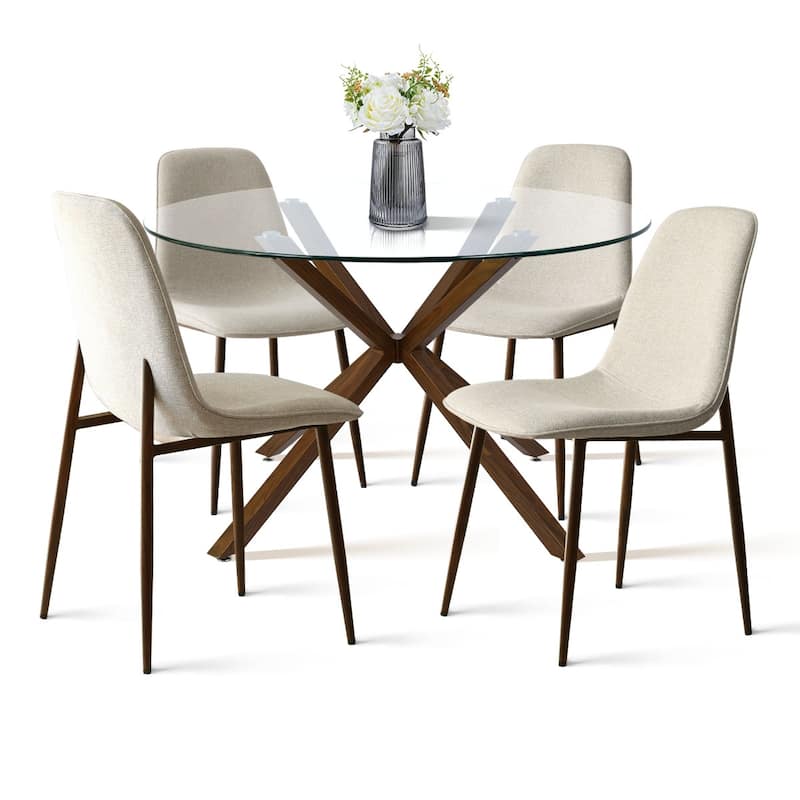 Modern Round Glass Table Set for 4 with Upholstered Dining Chairs - Beige