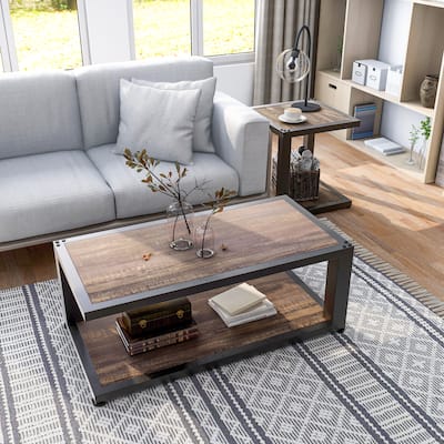 Farrow Rustic Dark Walnut and Sand Black Steel 2-Piece Accent Tables Set with Shelf by Furniture of America