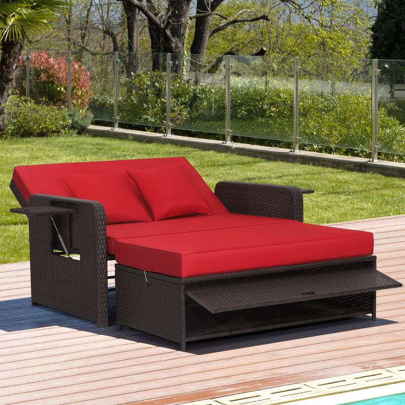 Patio Rattan Daybed with 4-Level Adjustable Backrest and Retractable Side Tray - 31" x 67" x 36"