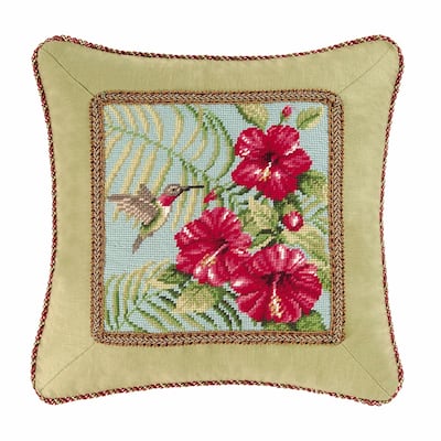16" x 16" Hybiscus & Hummingbird Needlepoint Pillow