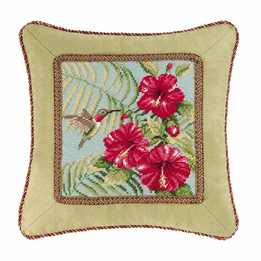 16" x 16" Hybiscus & Hummingbird Needlepoint Pillow
