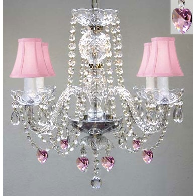 Crystal Chandelier with Pink Shades & Hearts-Perfect for Kid's Rooms