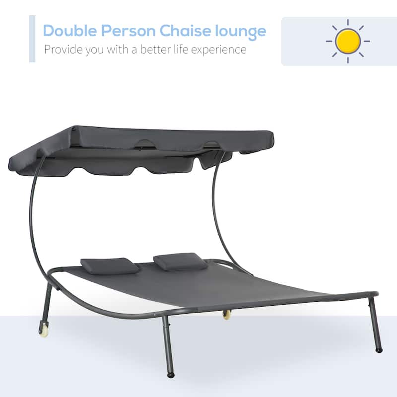 Outsunny Patio Double Chaise Lounge Chair, Outdoor Wheeled Hammock Daybed with Adjustable Canopy and Pillow