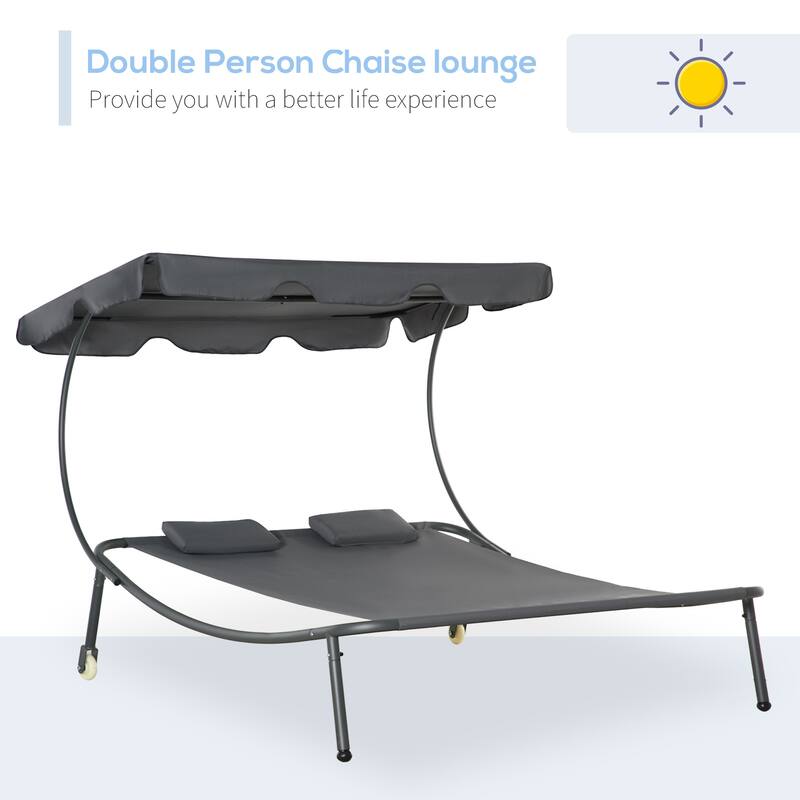 Outsunny Patio Double Chaise Lounge Chair, Outdoor Wheeled Hammock Daybed with Adjustable Canopy and Pillow