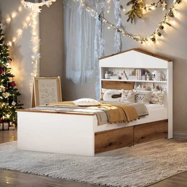 slide 2 of 10, Kids Fun House-Shaped Wooden Bed with Storage Shelf on the Headboard and 2 Storage Drawers Brown White