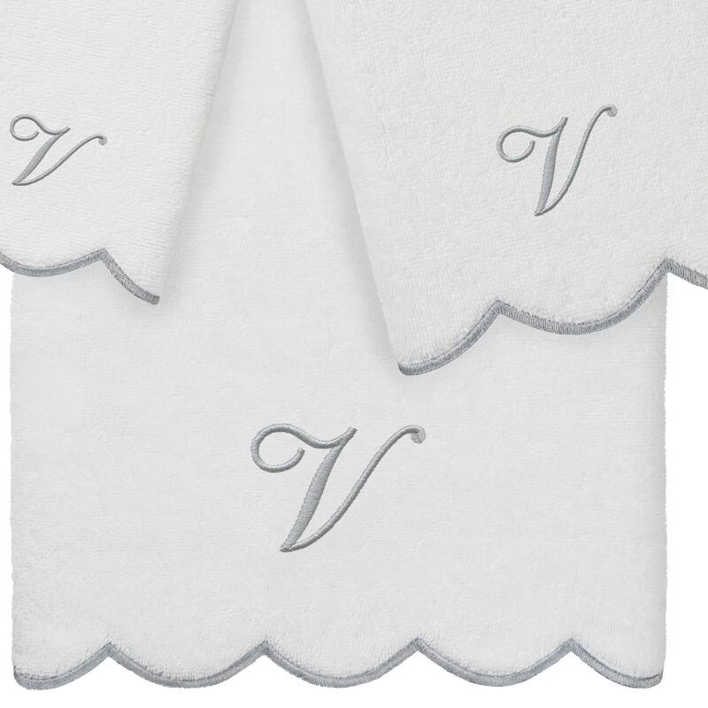 Authentic Hotel and Spa 100% Turkish Cotton Grey ADORNIA Scallop Personalized 3 Piece Towel Set - 3 Piece Set